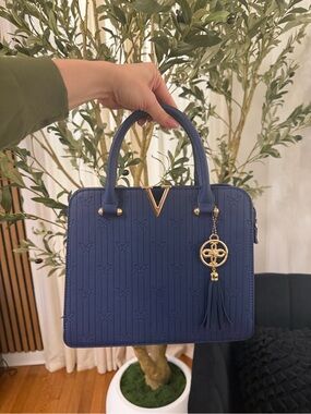 Blue Structured Top-Handle Satchel with Tassel Charm